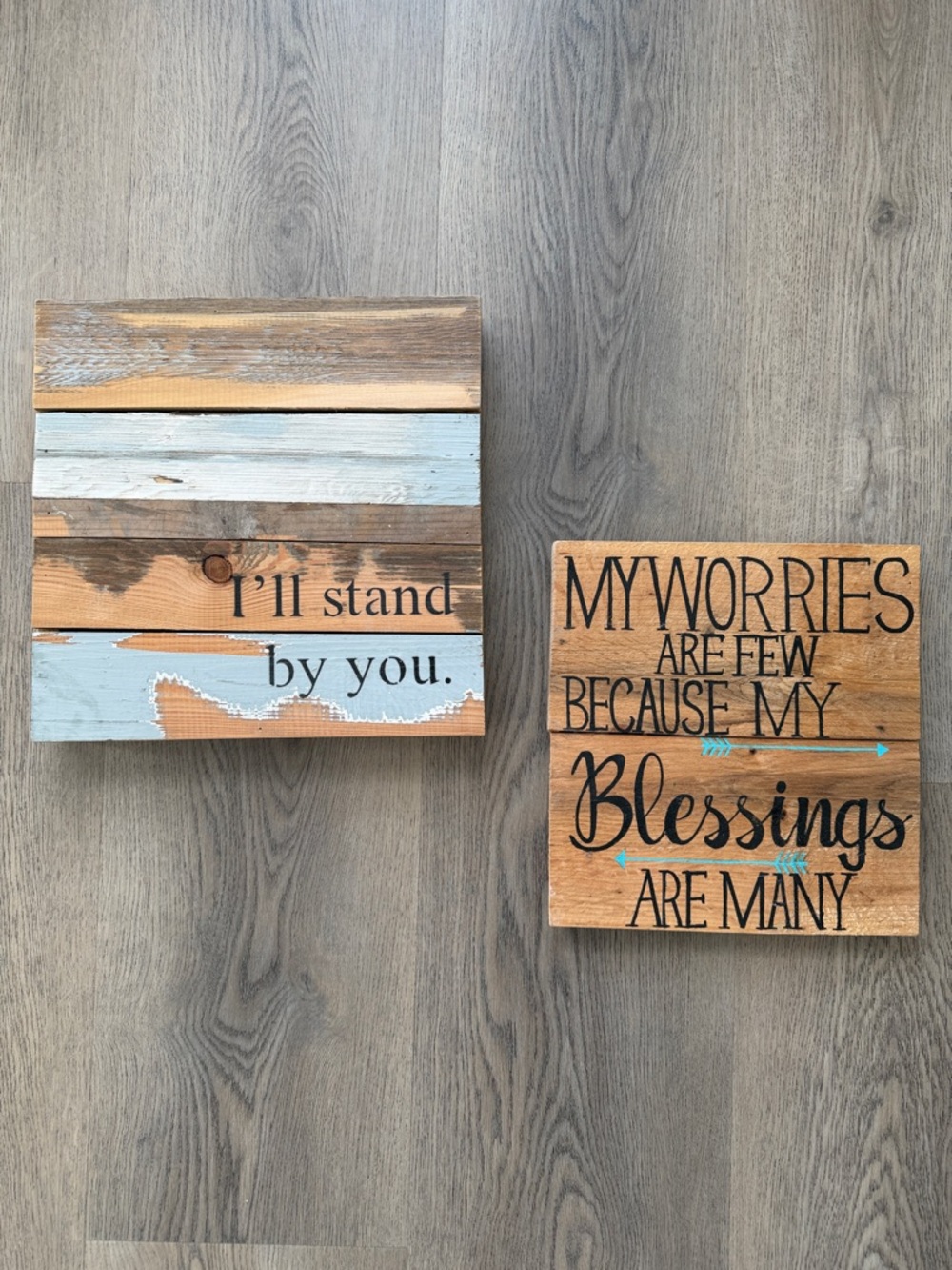 Set of 2 Rustic Wood Wall Signs - Blue & Natural Wood